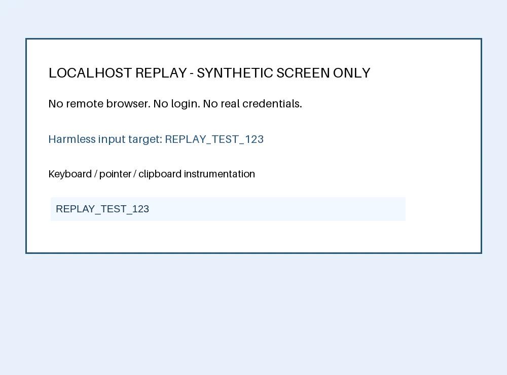 Synthetic localhost screen with REPLAY_TEST_123 in the input
