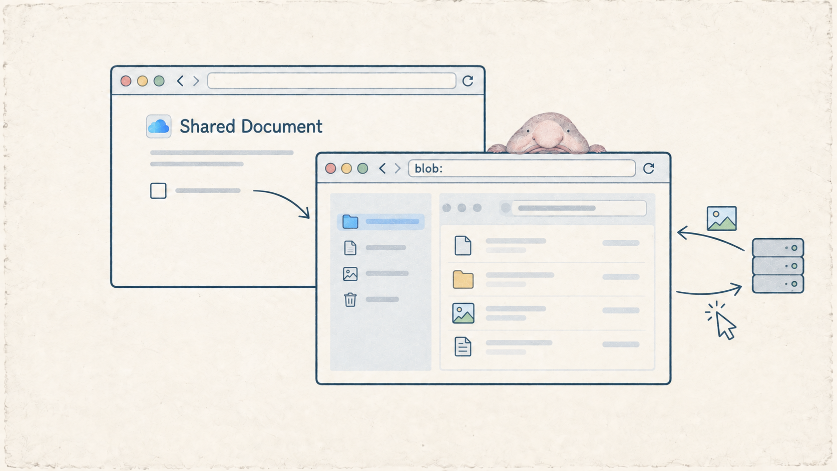 Illustration of a Shared Document lure opening a blob page that relays a browser screen and visitor input