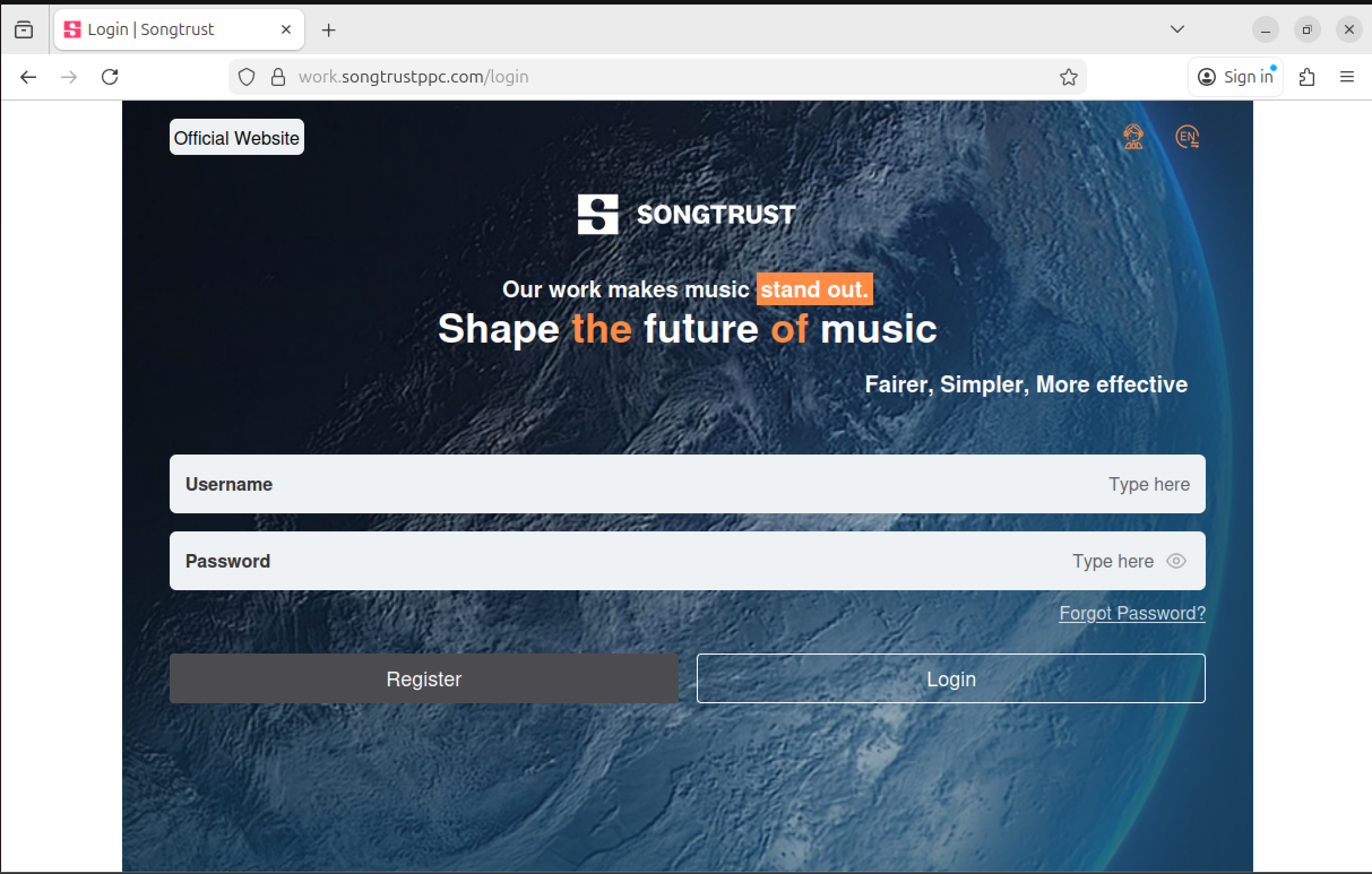 Songtrust-branded landing page posing as a login portal