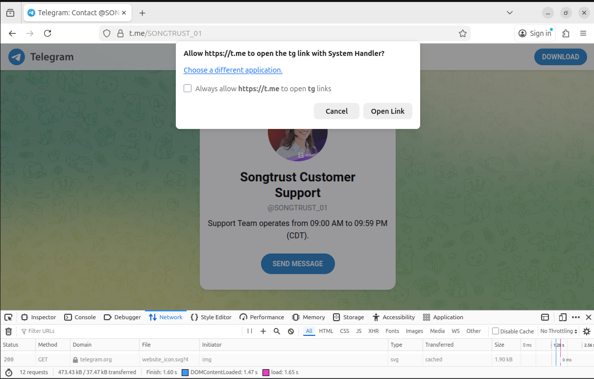 Redirect from the fake portal to a Telegram handle
