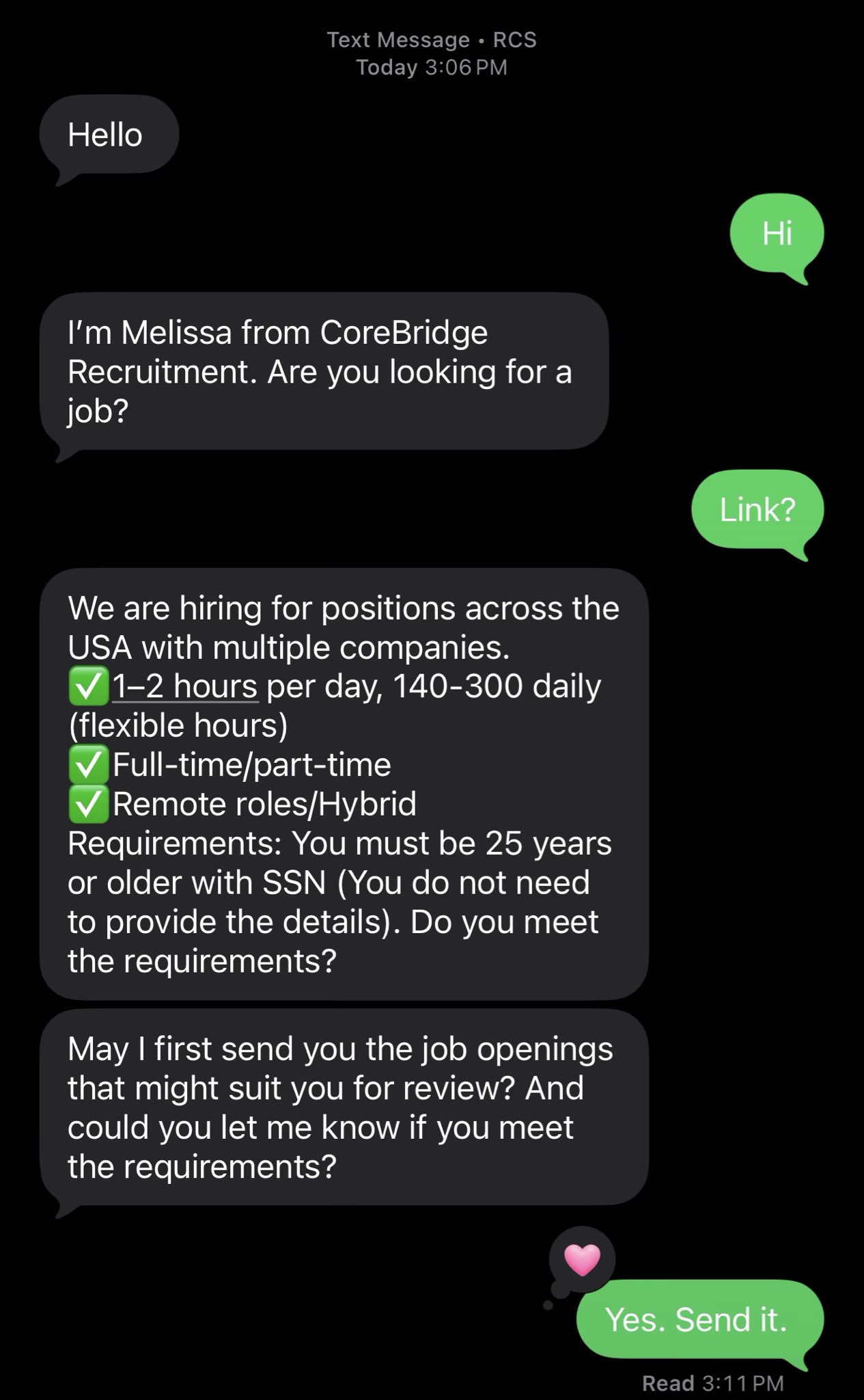 Initial SMS pitch offering high pay for minimal work