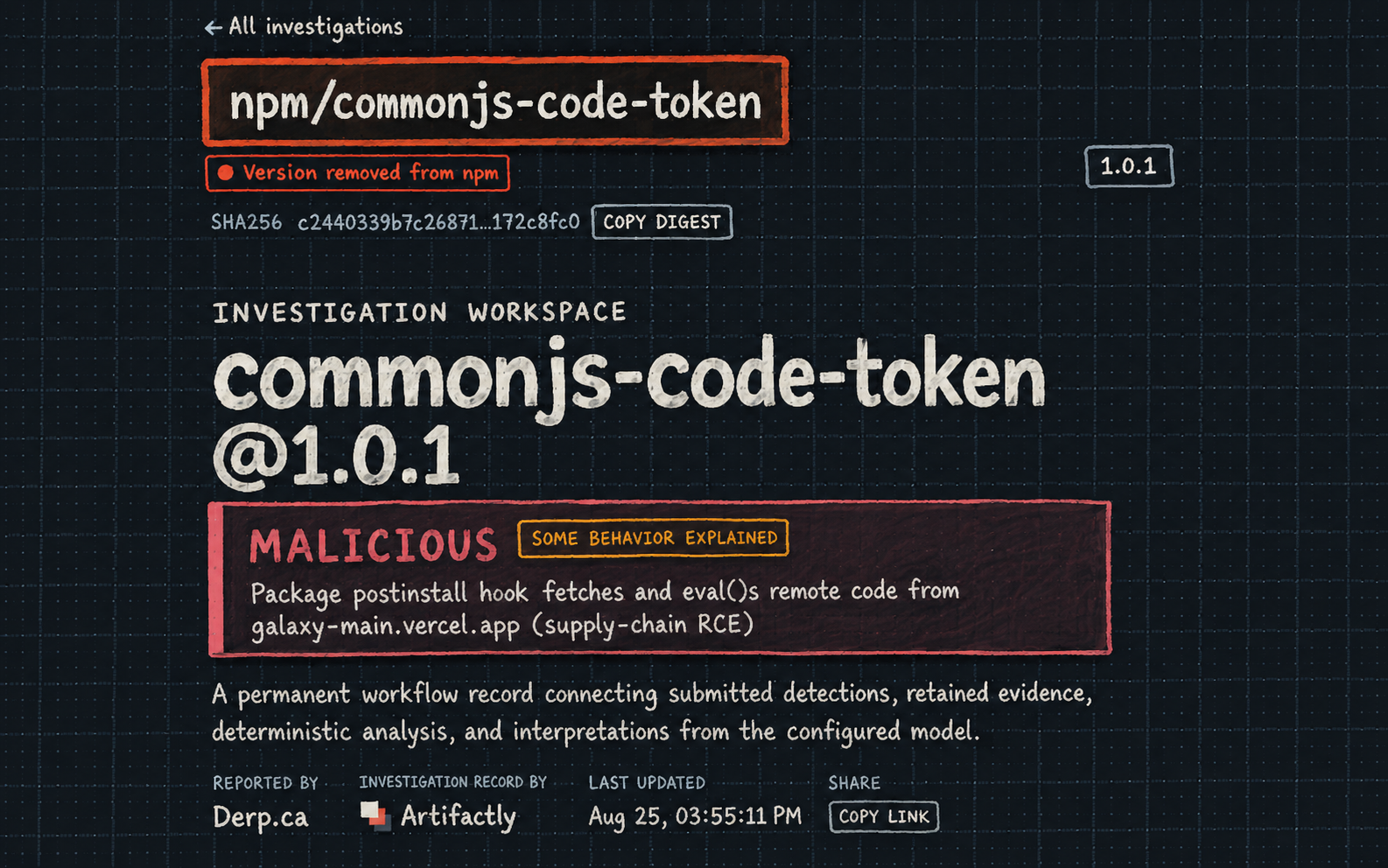 Artifactly investigation workspace for commonjs-code-token version 1.0.1